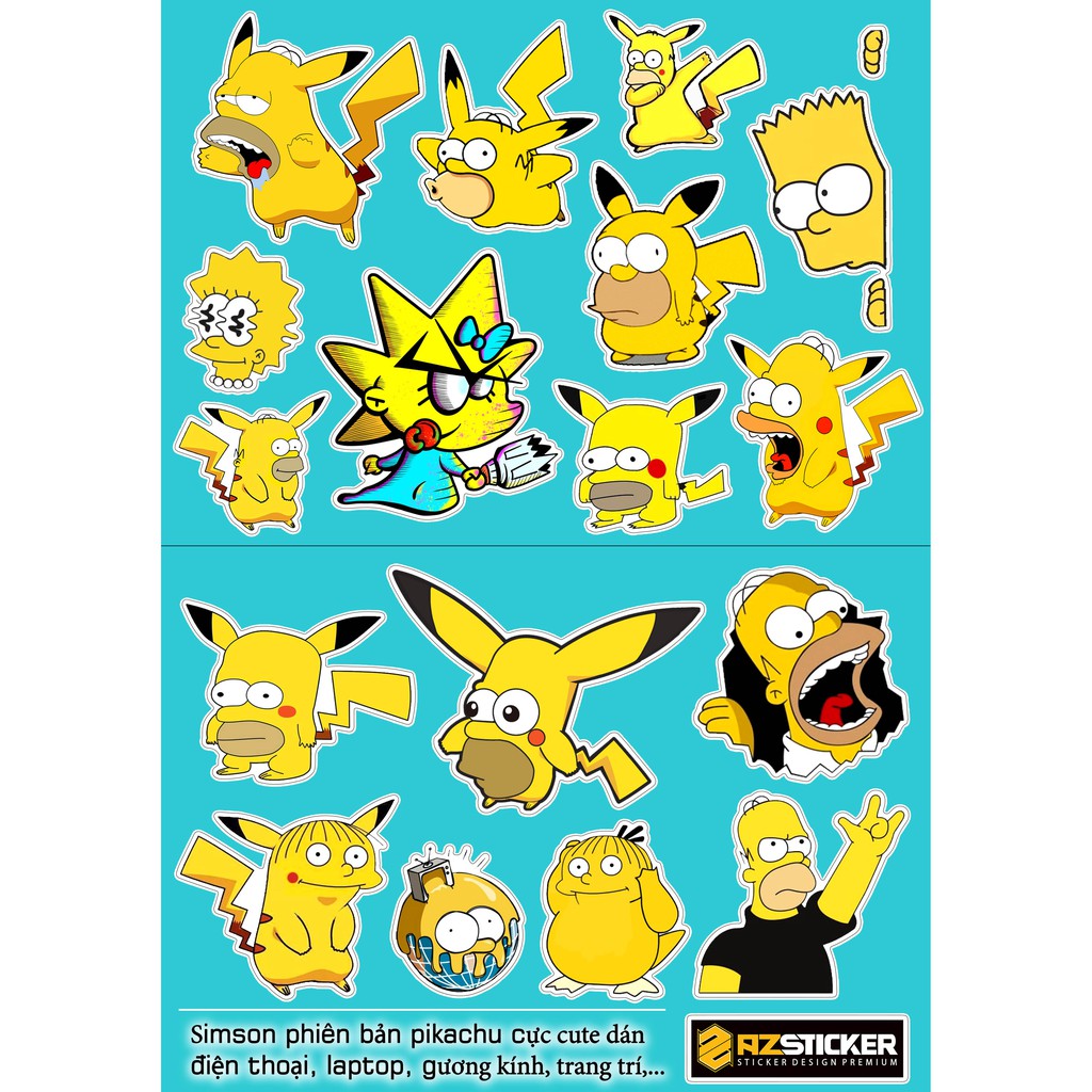 Set 15 Sticker Simpson Phiên Bản Picachu Cực Cute Dán Xe Máy Điện Thoại , laptop , Nón Bảo Hiểm Chống Thấm Nước...
