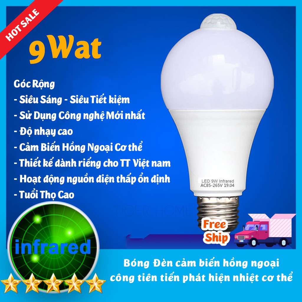 Bóng đèn led Cảm biển chuyển động, Cảm Ứng Thân nhiệt Thiết kế cho thị trường VN Siêu Nhạy, Siêu Tiết Kiệm Độ sáng cao 9W-7W