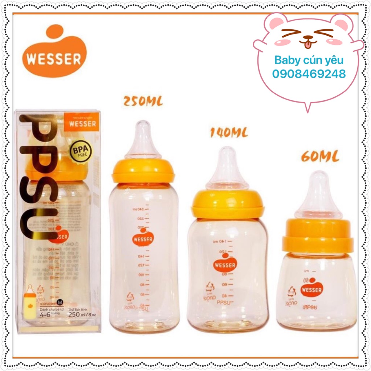 Bình sữa wesser cổ hẹp ppsu bình sữa trẻ em dung tích 60ml/140ml/250ml phiên bảng cao cấp nhựa ppsu