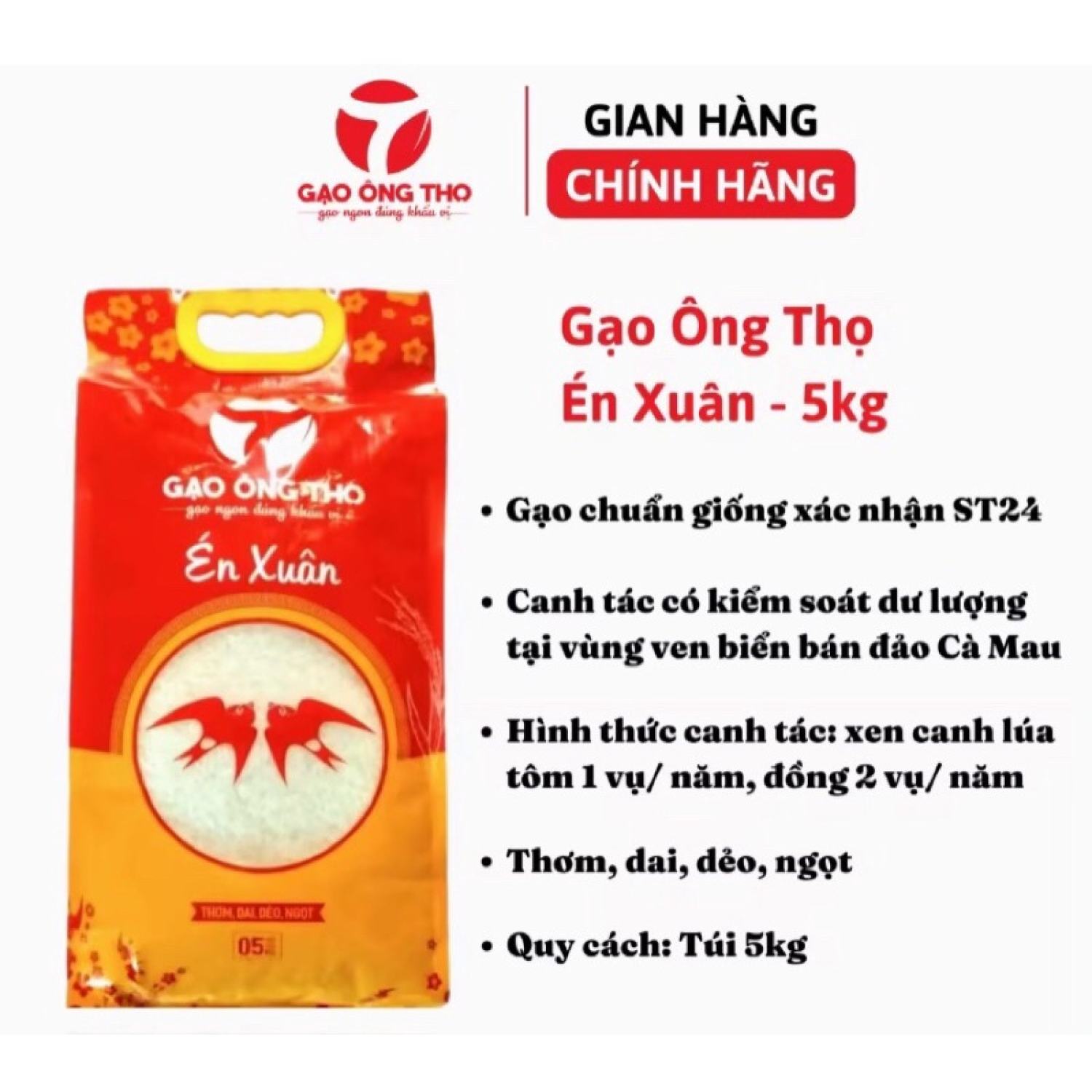 Gạo Én Xuân ông thọ -gạo st24 túi 5kg dẻo mềm