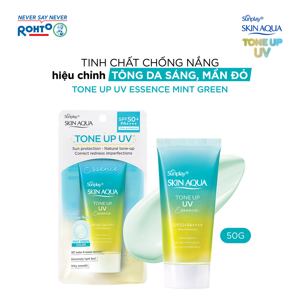 Kem chống nắng nâng tông Skin Aqua Tone up  Mint Green cho da trắng có khuyết điểm đỏ, dạng tinh chất Sunplay Skin Aqua Tone Up UV Essence Mint Green SPF 50+ PA++++ 50g