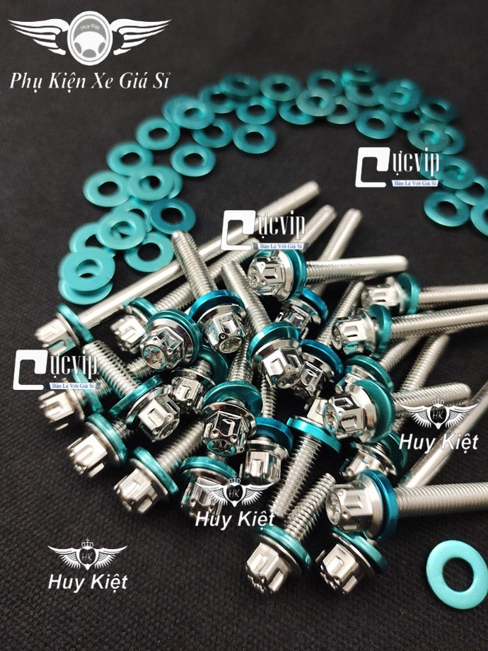 Bộ Ốc Lốc Máy Salaya Inox 304 + Lông Đền Nhôm Xanh Lục Bảo Cho Wave, Dr, Vario, AB, Sirius, Win, SH, Sonic, Vision, Future, Ex, Raider, Satria