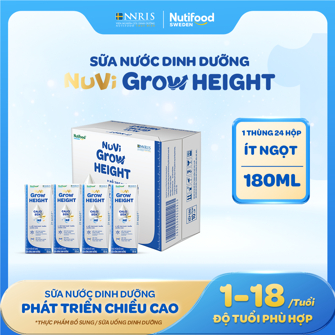 Nuvi Grow Height Liquid Milk (Box of 24 Boxes of 180ml Less Sweet) - Supports Height Growth