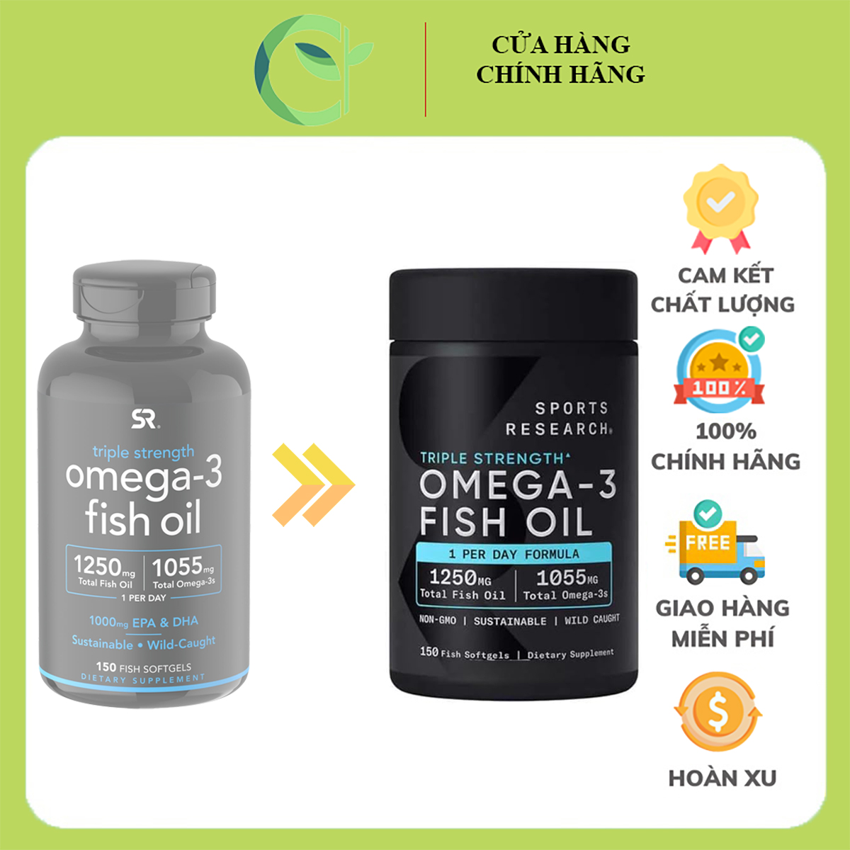 Sports Research Triple Strength Omega 3 Fish Oil 1250mg 150 viên - Dầu Cá Bán Chạy Số 1 Tại Mỹ, Hàm Lượng Cao 3X