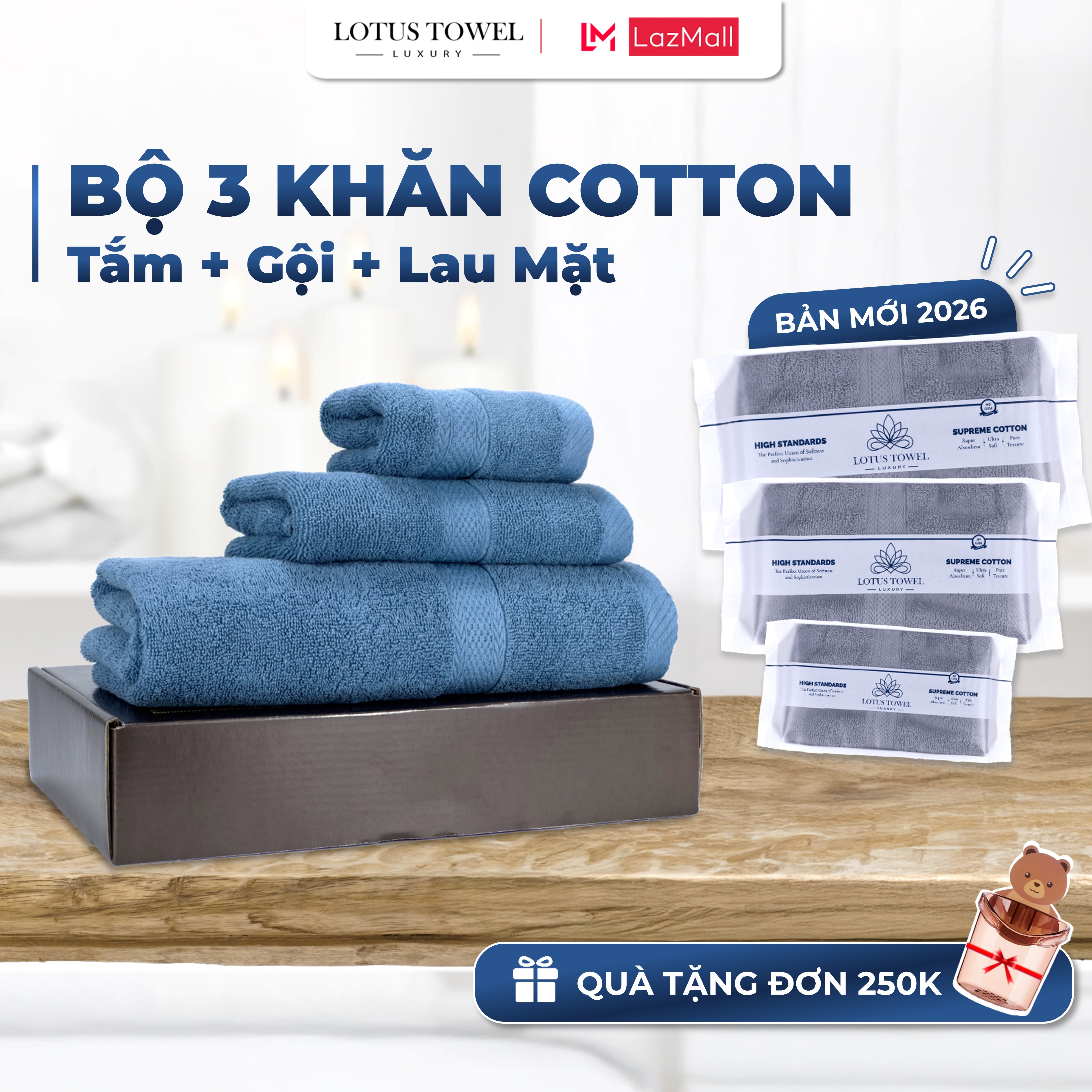  Bộ 3 Khăn Tắm Gội Lau mặt LOTUS TOWEL 100% Cotton Cao Cấp Mềm Mịn Thấm Hút Không Ra Màu 