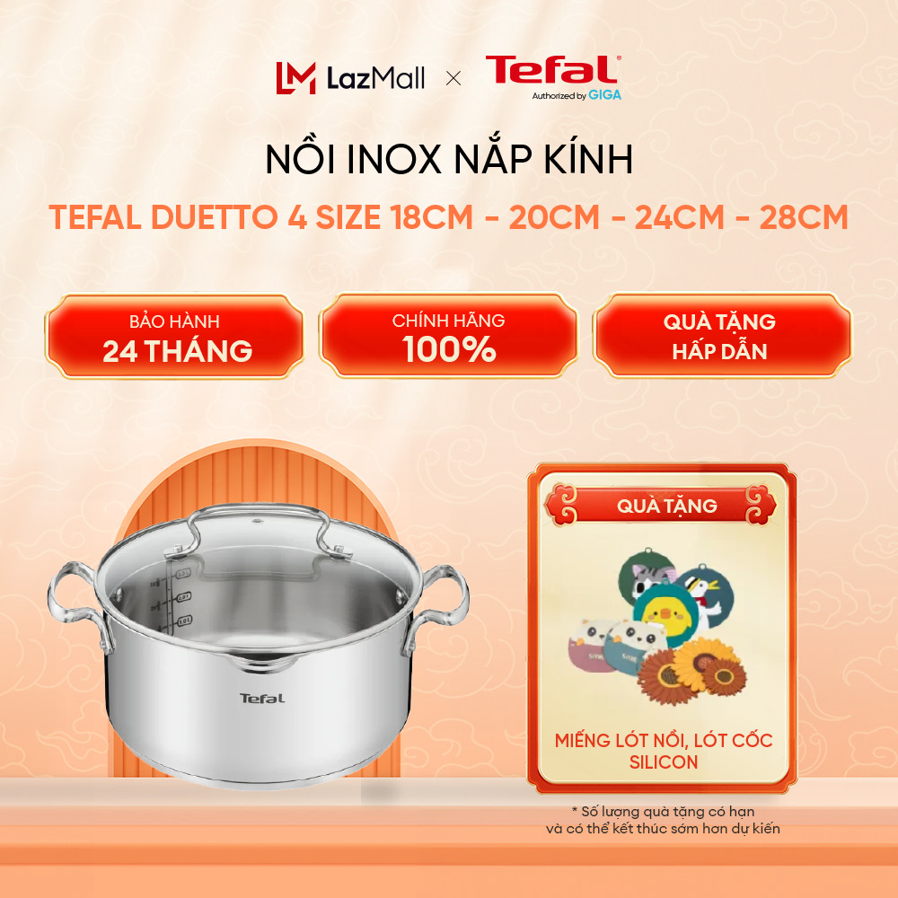 Nồi inox nắp kính tefal duetto 4 size 18cm g7194355 /20cm g7194455/ 24cm g7194655 / 28cm g7196455 - có khe chắt nước và môi rót