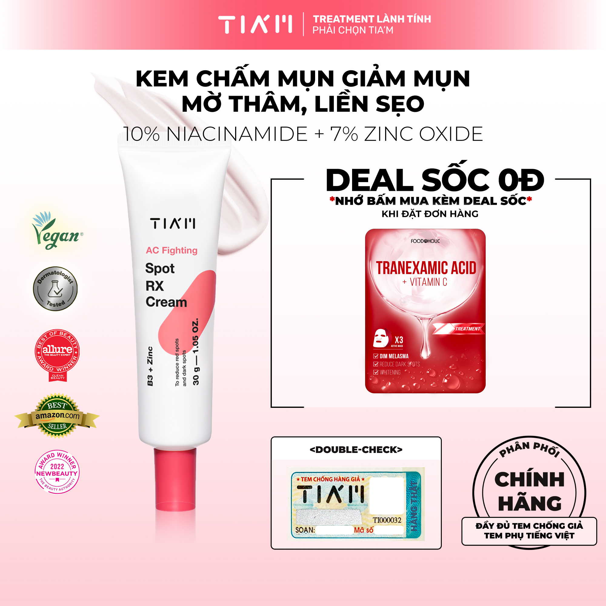 Kem chấm mụn 3 tác động giảm mụn, mờ thâm, liền sẹo không chứa benzoyl peroxide tia'm ac fighting cream 30ml