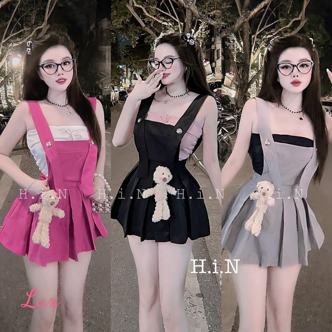 Yếm nữ , set yếm váy xòe xếp ly kèm áo ống và phụ kiện gấu