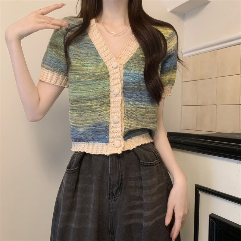 Áo len mongtoghi cổ V cho nữ, áo len dệt kim dáng croptop