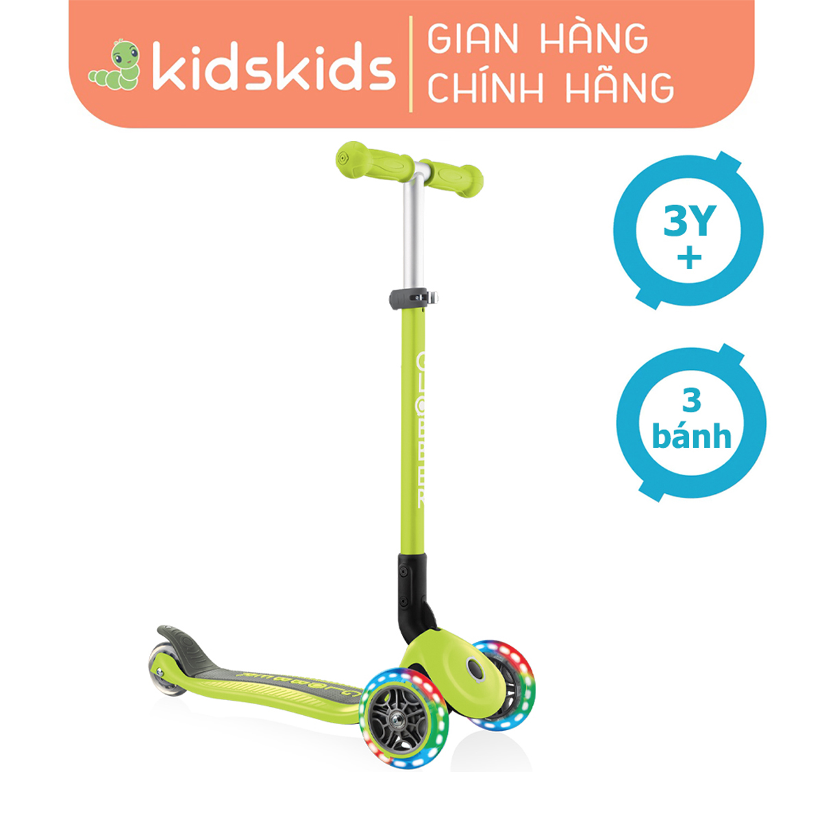 Xe trượt scooter 3 bánh globber primo foldable lights cho trẻ em từ 3 đến 6 tuổi - xanh lá