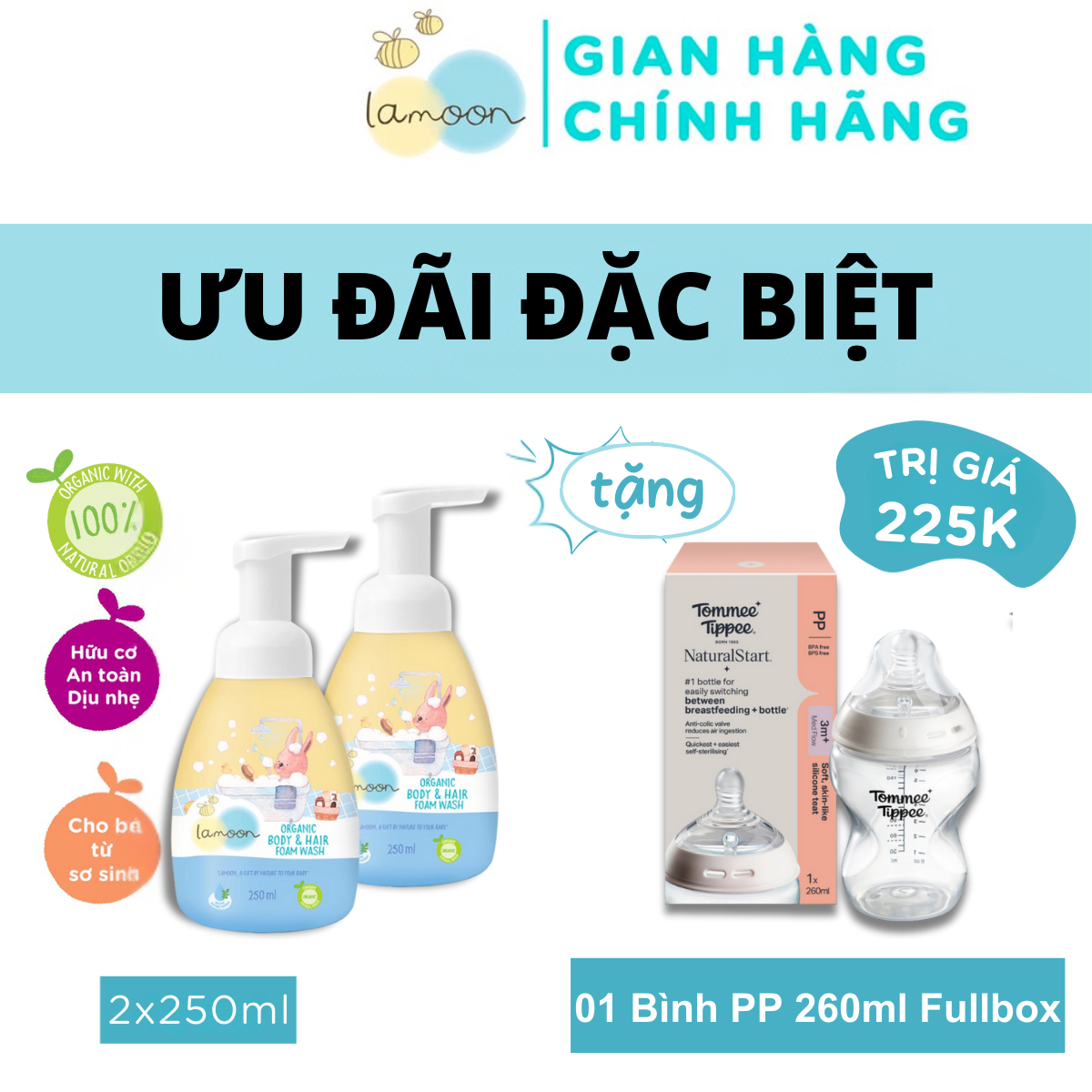 COMBO 2 Bình Sữa tắm gội Organic dạng bọt Lamoon 250ml TẶNG 1 Bình Sữa Tommee Tippee PP Ty Siêu Mềm Tự Nhiên 260ml