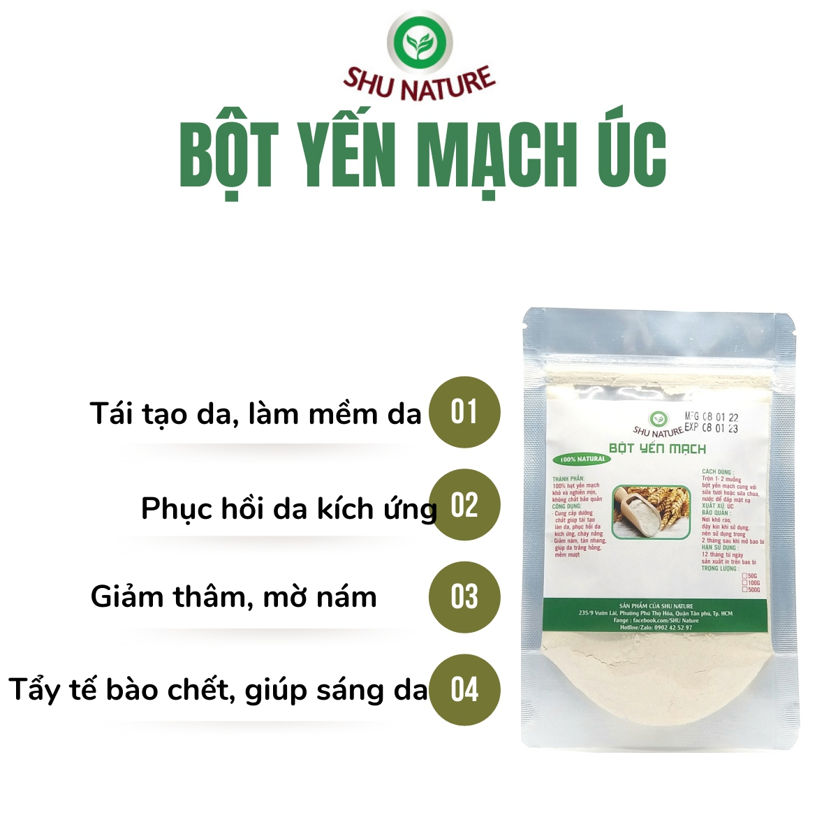 Bột yến mạch đắp mặt SHU NATURE, phục hồi da kích ứng, giúp da mịn màng, sáng da, mờ thâm nám