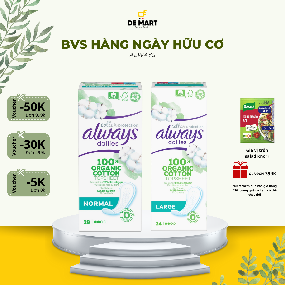Băng vệ sinh hàng ngày hữu cơ, mỏng nhẹ thoáng khí, không mùi, always daily cotton đủ size