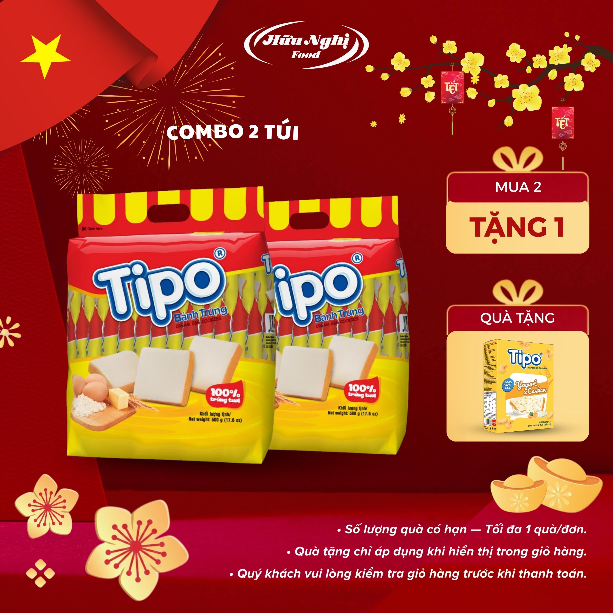  COMBO 2 Bánh Tipo Trứng Nướng Vị Sữa 500g Hữu Nghị 