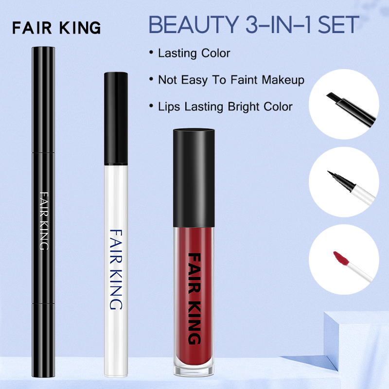 FAIR KING Bộ trang điểm thời trang nữ Bút kẻ lông mày trang điểm lâu trôi không thấm+Bút kẻ mắt dạng lỏng không thấm nước lâu trôi+Son môi dạng lỏng nhung mờ