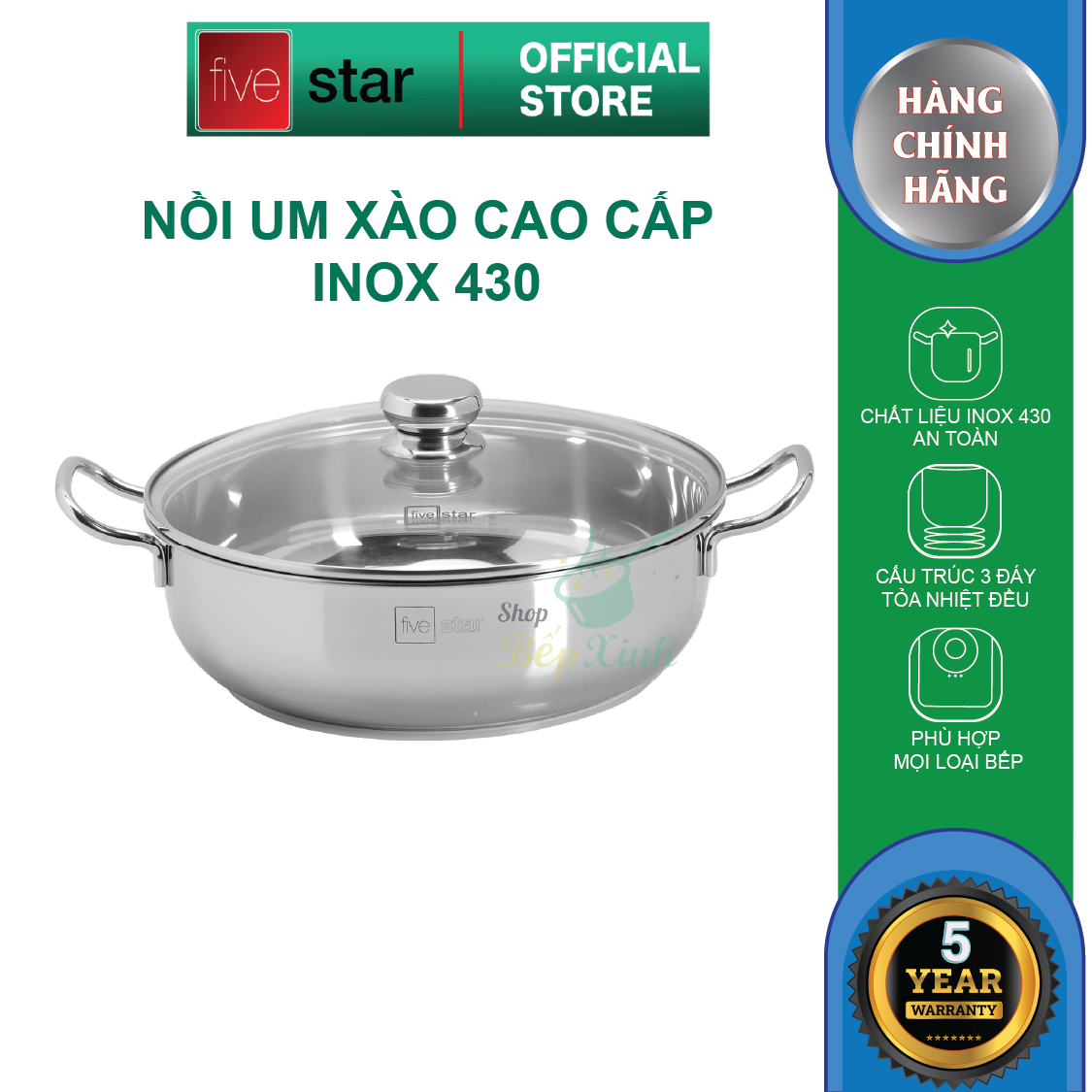 Nồi lẩu um xào 3 đáy sandwich inox 430 Fivestar Standard bếp từ nắp kính (24cm/26cm/28cm) , tặng 1 vá canh