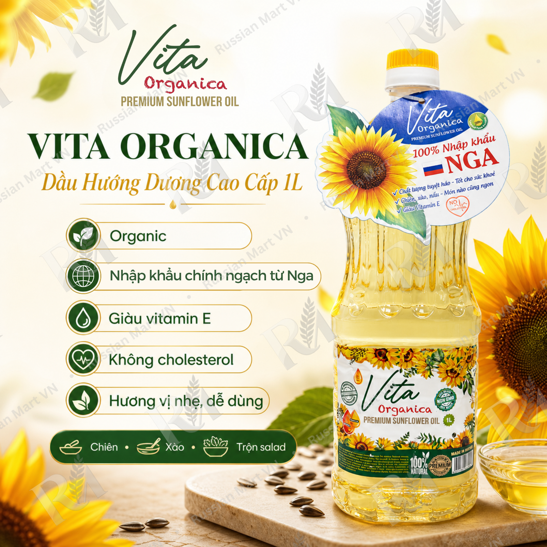 Dầu Hướng Dương Cao Cấp Vita Organica 1L - Dầu Ăn Organic Nhập Khẩu Chính Ngạch Từ Nga, Giàu Vitamin E, Không Cholesterol, Hương Vị Nhẹ, Dùng Chiên Xào Trộn Salad