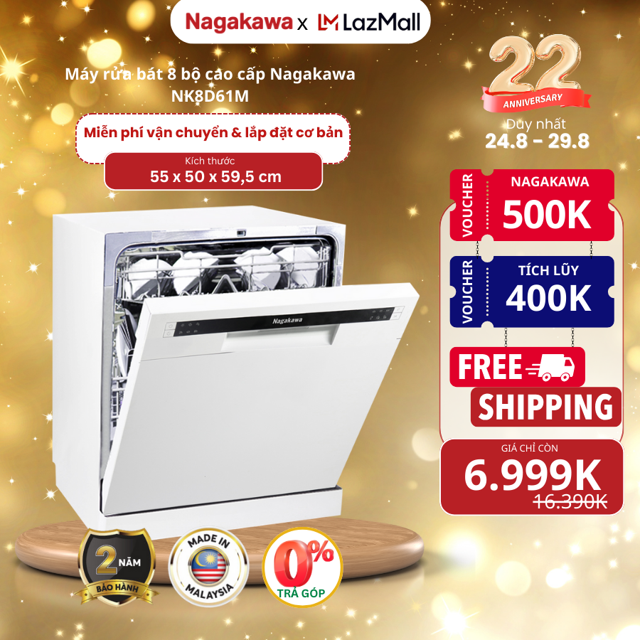 Máy rửa chén bát 8 bộ Nagakawa NK8D61M, 6 chương trình rửa tiện ích, độ ồn thấp, vận hành êm ái - bảo hành 2 năm - made in Malaysia