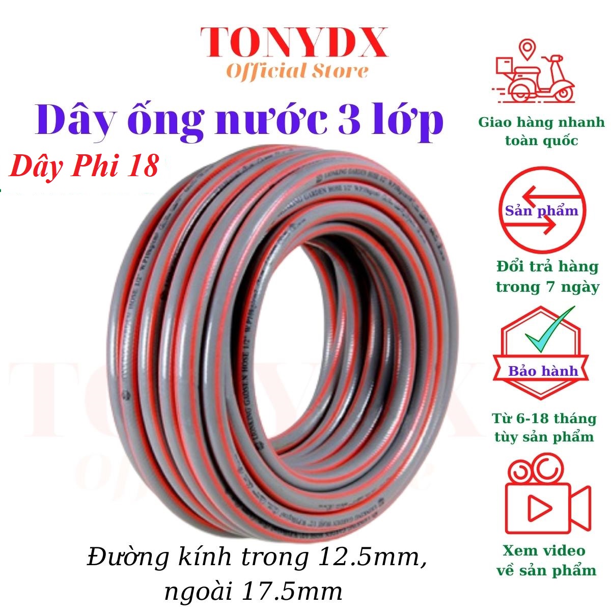 Dây ống nước tưới cây phi 18, cấu tạo 3 lớp dài từ 1 đến 100 mét chống gập, xoắn, độ bền từ 8 - 10 năm Tonydx store