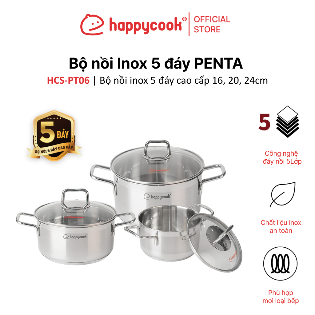 Bộ nồi inox 5 đáy penta happycook, hcs-pt06
