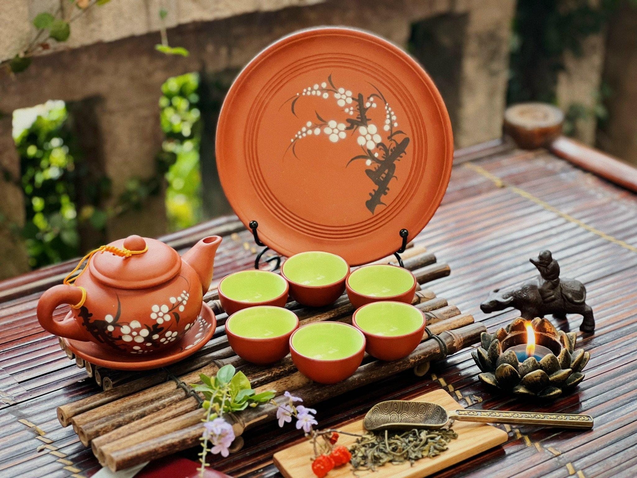 Bộ ấm chén gốm đất đỏ tử sa hoa mai - Gốm Sứ Bát Tràng