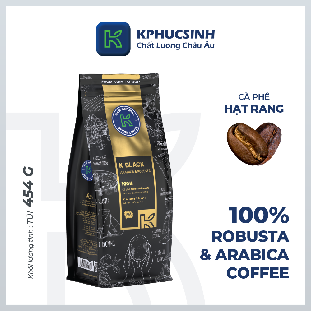 Cà Phê Hạt Rang K Black 454g Thương Hiệu K Coffee, Cà Phê 100% Nguyên Chất Vị Đậm Đà