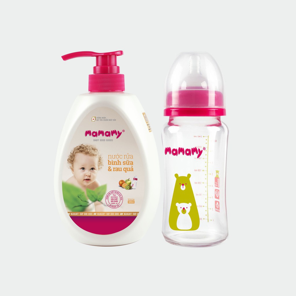 [HCM]Combo Bình Sữa Thủy Tinh Cổ Rộng Chống Sặc Cho Bé Mamamy 240ml và Chai nước rửa bình sữa và rau quả Mamamy 600ml