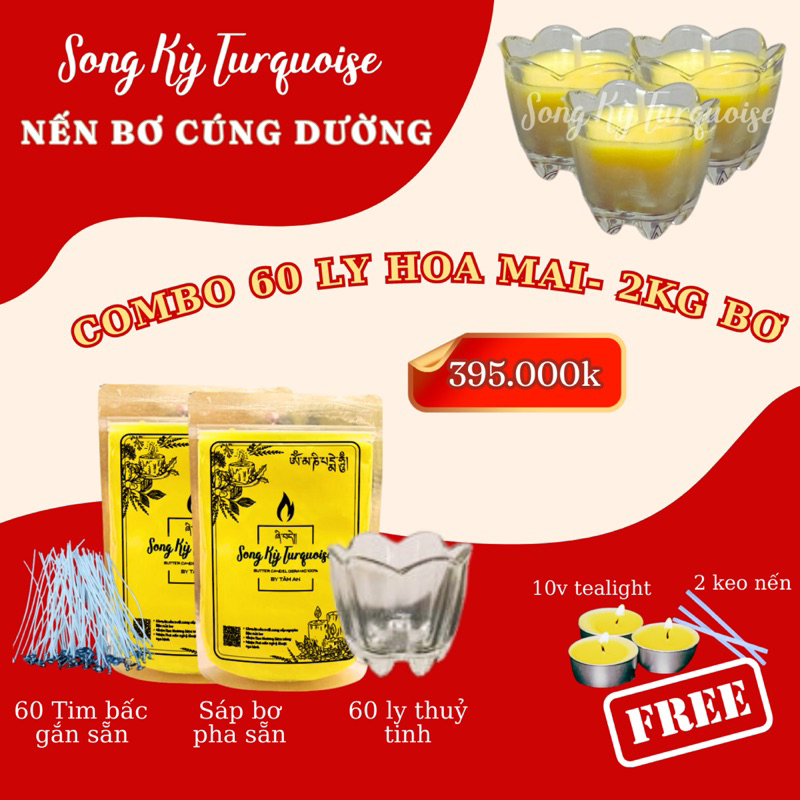 Combo 36 ly 60 ly hoa mai - set nguyên liệu làm nến bơ cúng dường tại nhà - nến bơ song kỳ