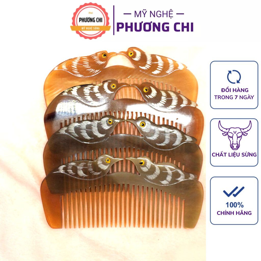 Lược sừng trâu đôi chim trắng nưa đẹp, lược gỡ rối, lược chải đầu - Mỹ Nghệ Phương Chi