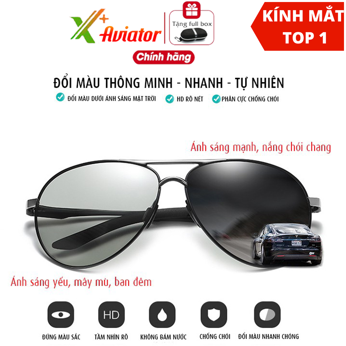 Kính mát nam Kính đổi màu di ngày và đêm gọng nhôm magiê nhẹ, tròng mắt kính polarized phân cực, chống UV 400 cực hiệu quả