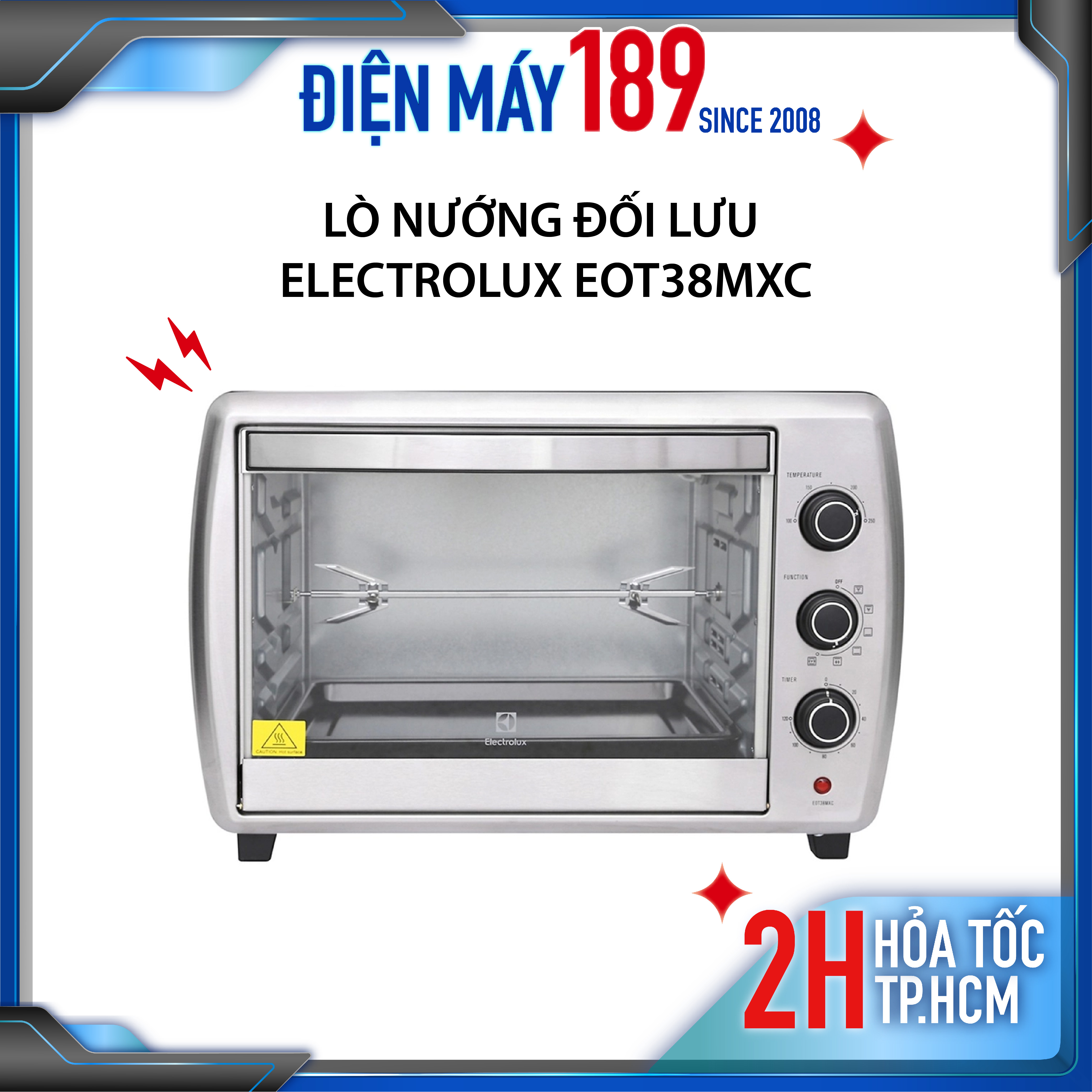 LÒ NƯỚNG ELECTROLUX EOT38MXC. Dung tích: 38 lít. Công suất: 2100 W. Bảng điều khiển: Nút xoay. Công nghệ làm nóng: Làm nóng điện trở.