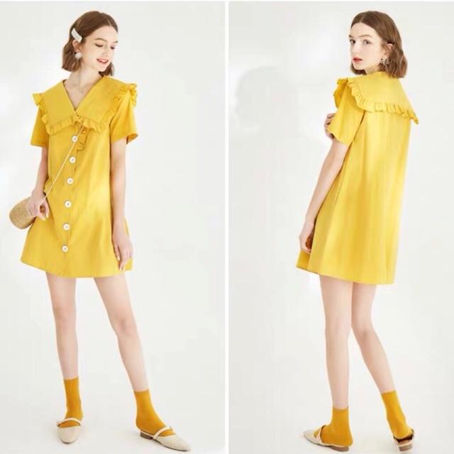 Đầm vàng cổ nhúng bèo - Đầm nữ dự tiệc, dạo phố dễ thương