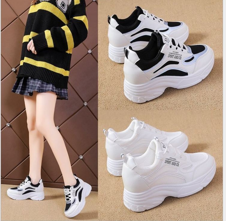 Women's Sneakers with Padded Soles in 2 Colors, Full White and Black, Reflective, 6cm High, 2025