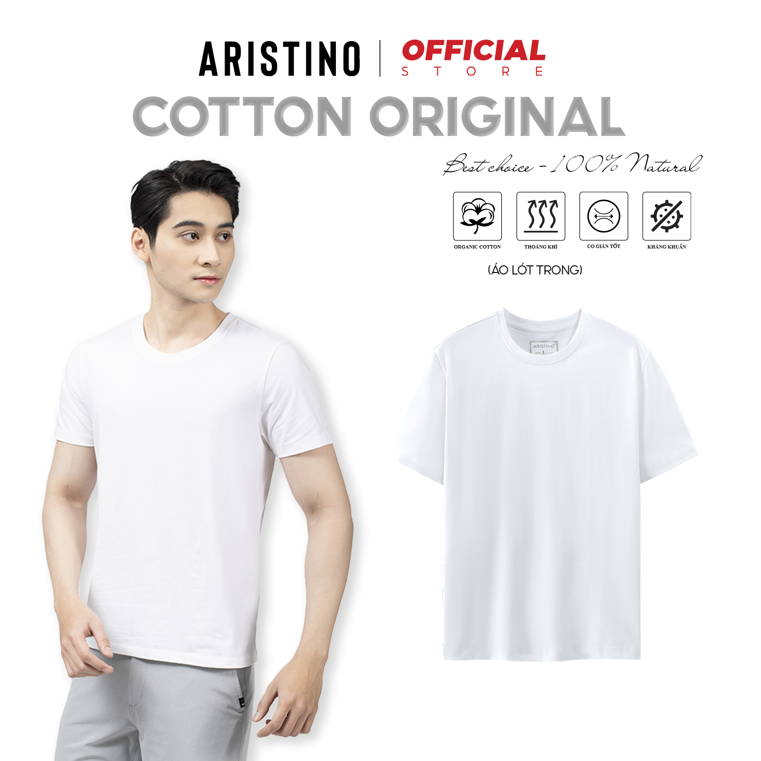  Áo thun trắng nam lót trong ARISTINO áo thun nam trơn cổ tròn chất cotton mềm mỏng nhẹ thoáng mát thấm hút mồ hôi - AC22 