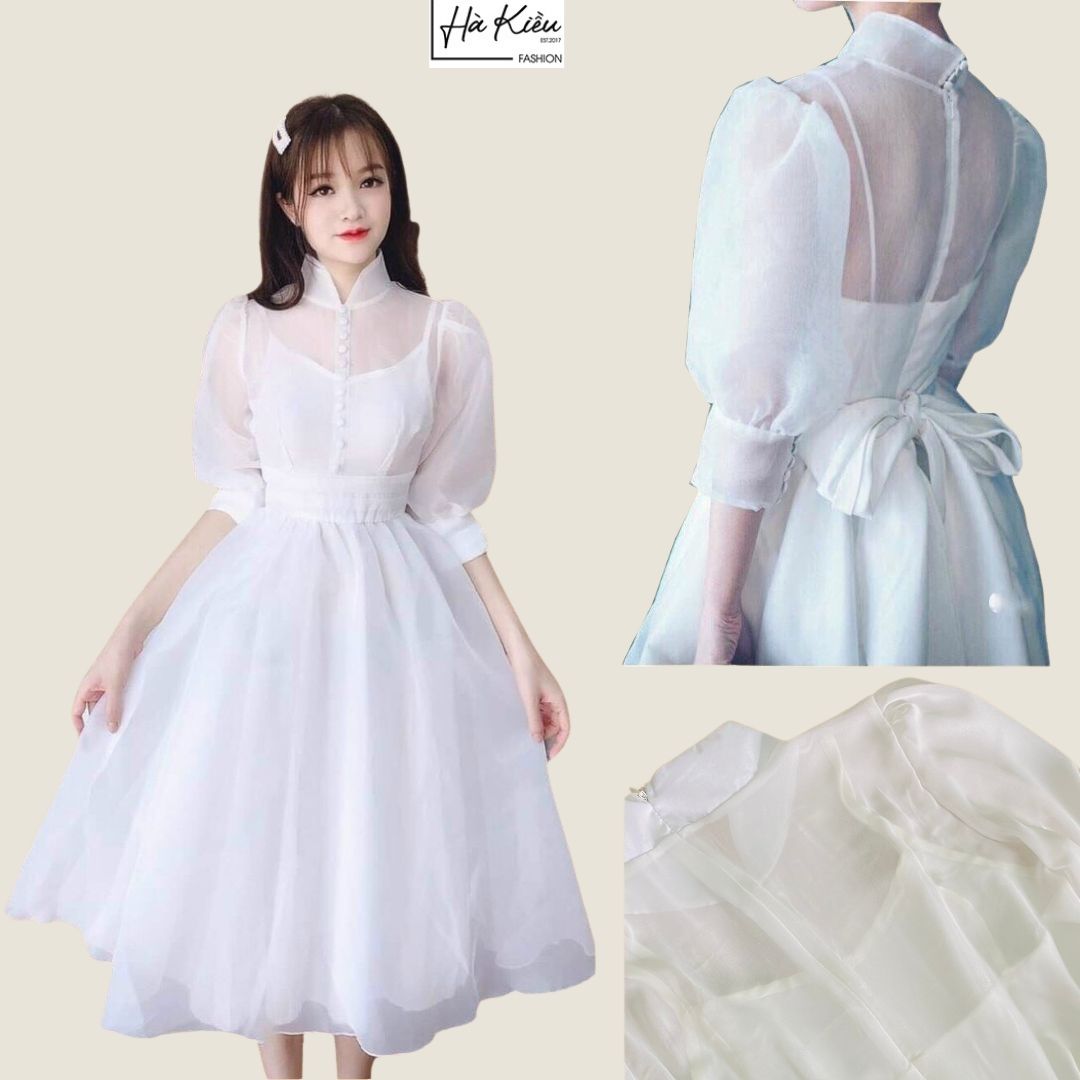 Đầm trắng dự tiệc cưới,váy trắng tiểu thư bánh bèo công chúa xinh xòe nút bọc dư tiệc sang trọng Hà Kiều MSP60 chất Voon phối lưới