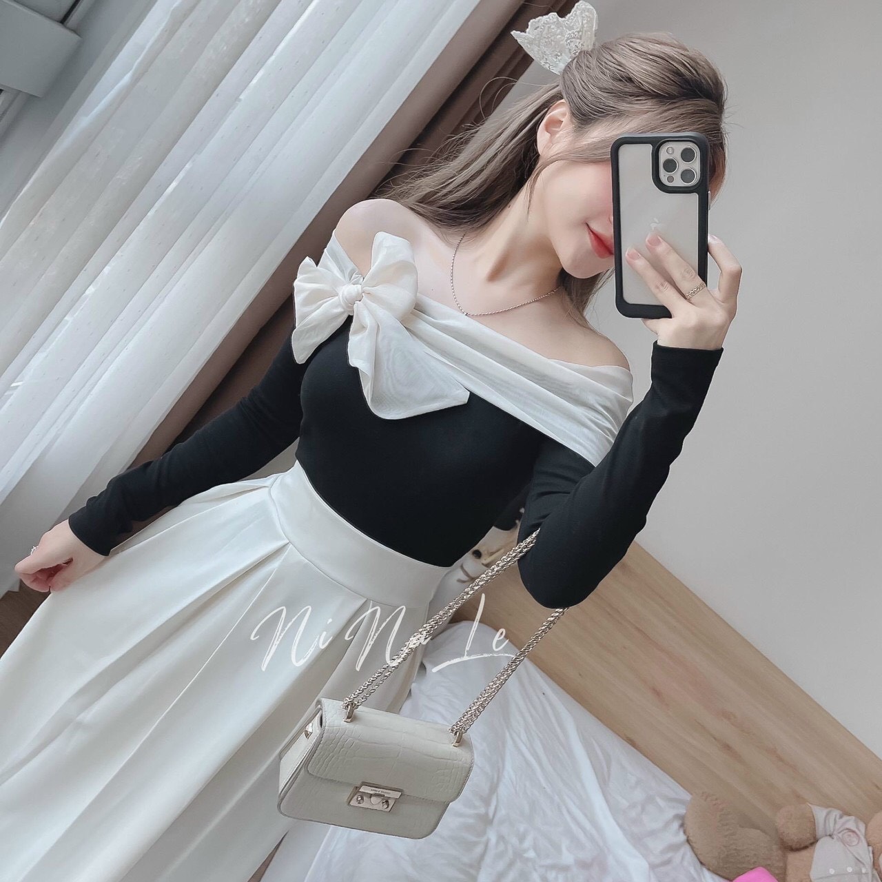 Set bộ váy thiết kế kiểu dáng tiểu thư nhẹ nhàng thanh lịch, Set áo trễ vai chất cotton tay dài dày dặn phối voang cột nơ siêu dễ thương, Set mix chân váy dáng dài chất tapta xoè rộng sang xịn