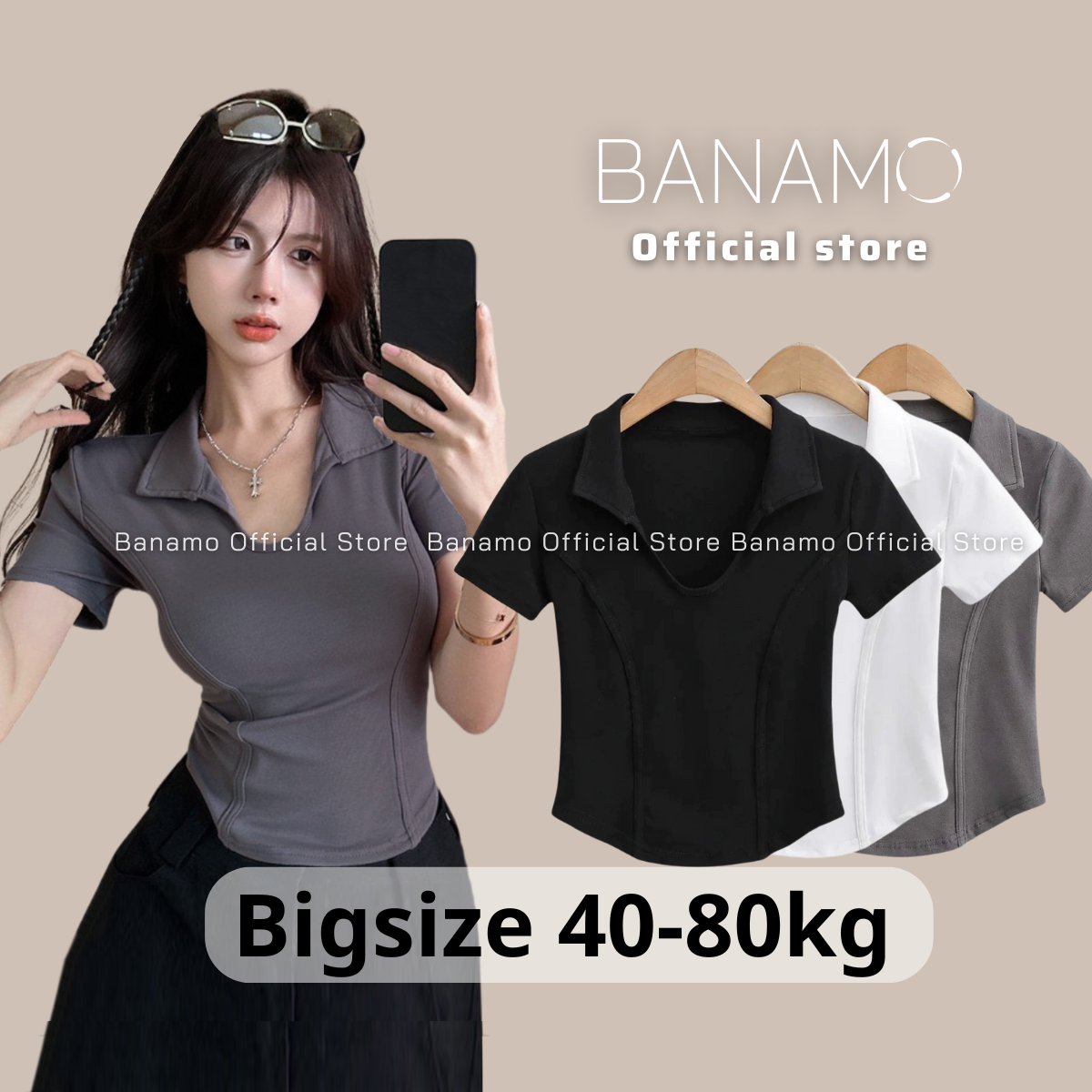 Áo thun nữ BIGSIZE Banamo Fashion áo croptop cộc tay dáng ôm cổ bẻ 315