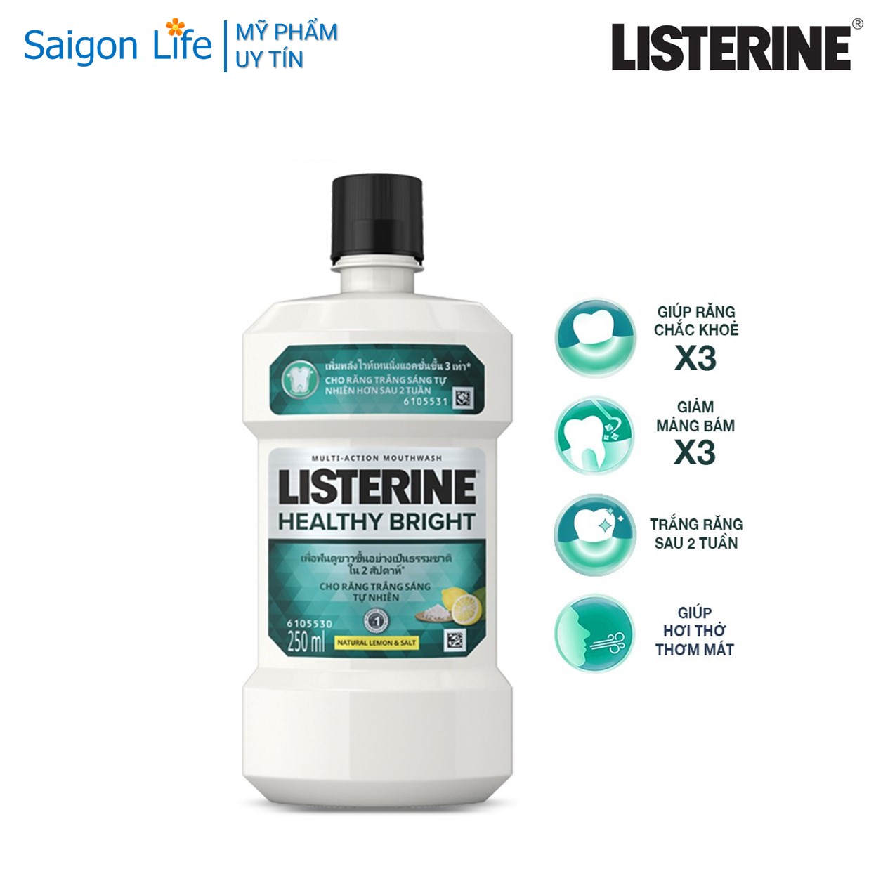 Nước Súc Miệng Trắng Sáng Listerine Healthy Bright Chanh Muối 250ml