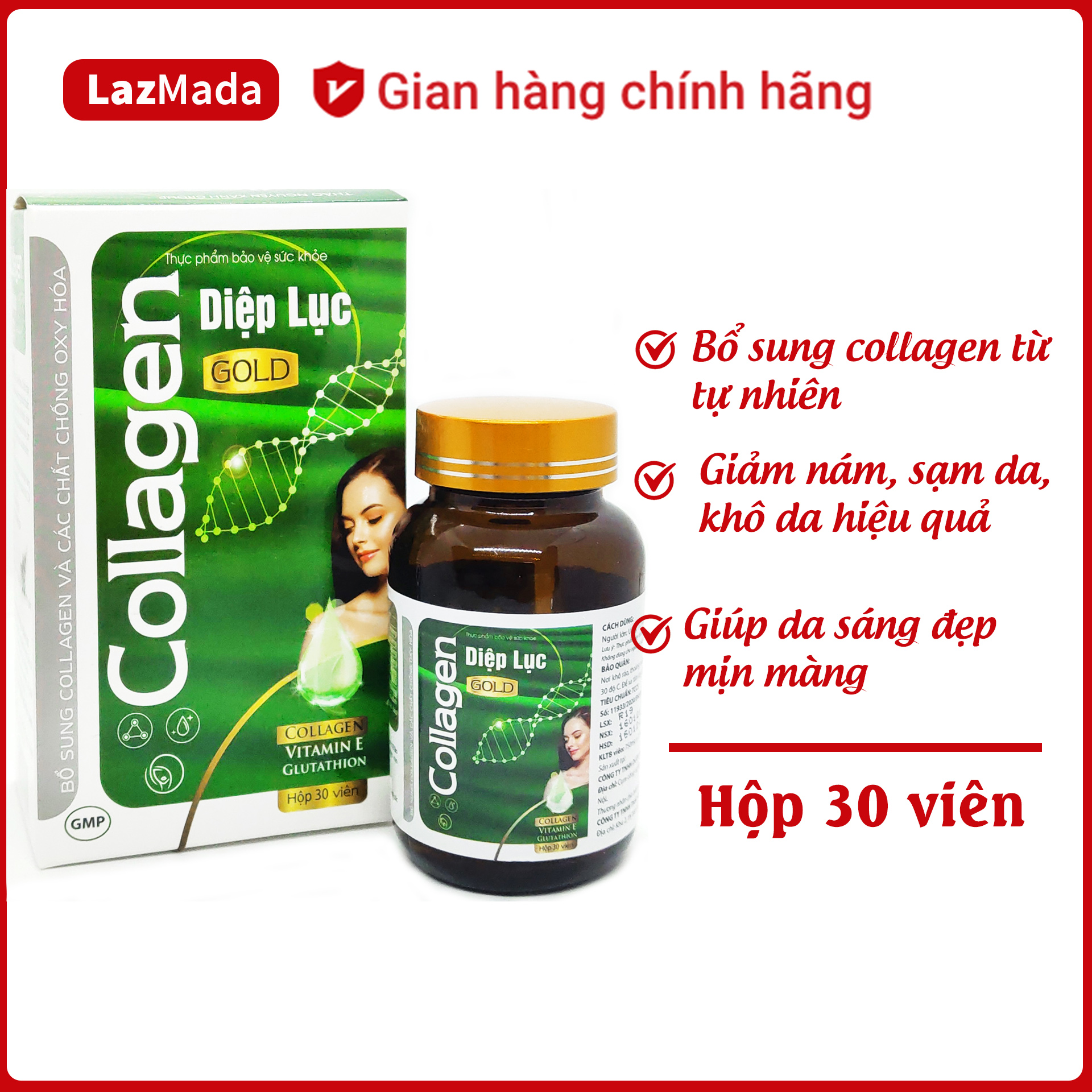 Viên uống làm đẹp da Collagen Diệp Lục Gold (Green) - Bổ sung Collagen, vitamin E, diệp lục giúp giảm nám da, sạm da, khô da - Giúp da sáng đẹp mịn mạng - Hộp 30 viên chính hãng