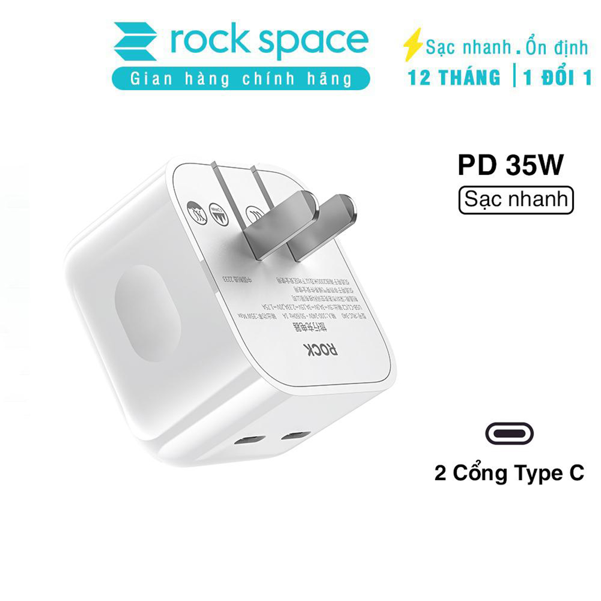 Củ sạc nhanh iPhone Rockspace T58 2 cổng TypeC sạc nhanh 35w sạc ổn định hàng chính hãng bảo hành 12 tháng