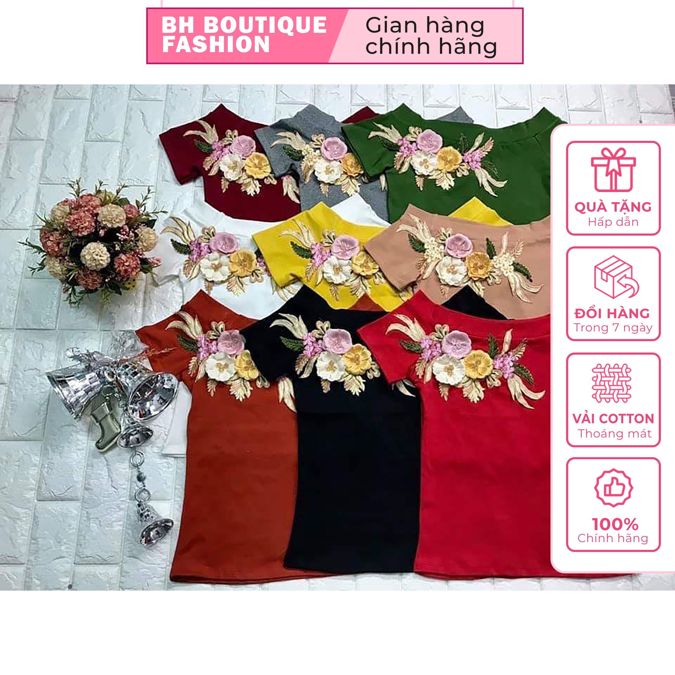 Áo thun hoa nổi cổ thuyền nhiều mẫu size 62kg