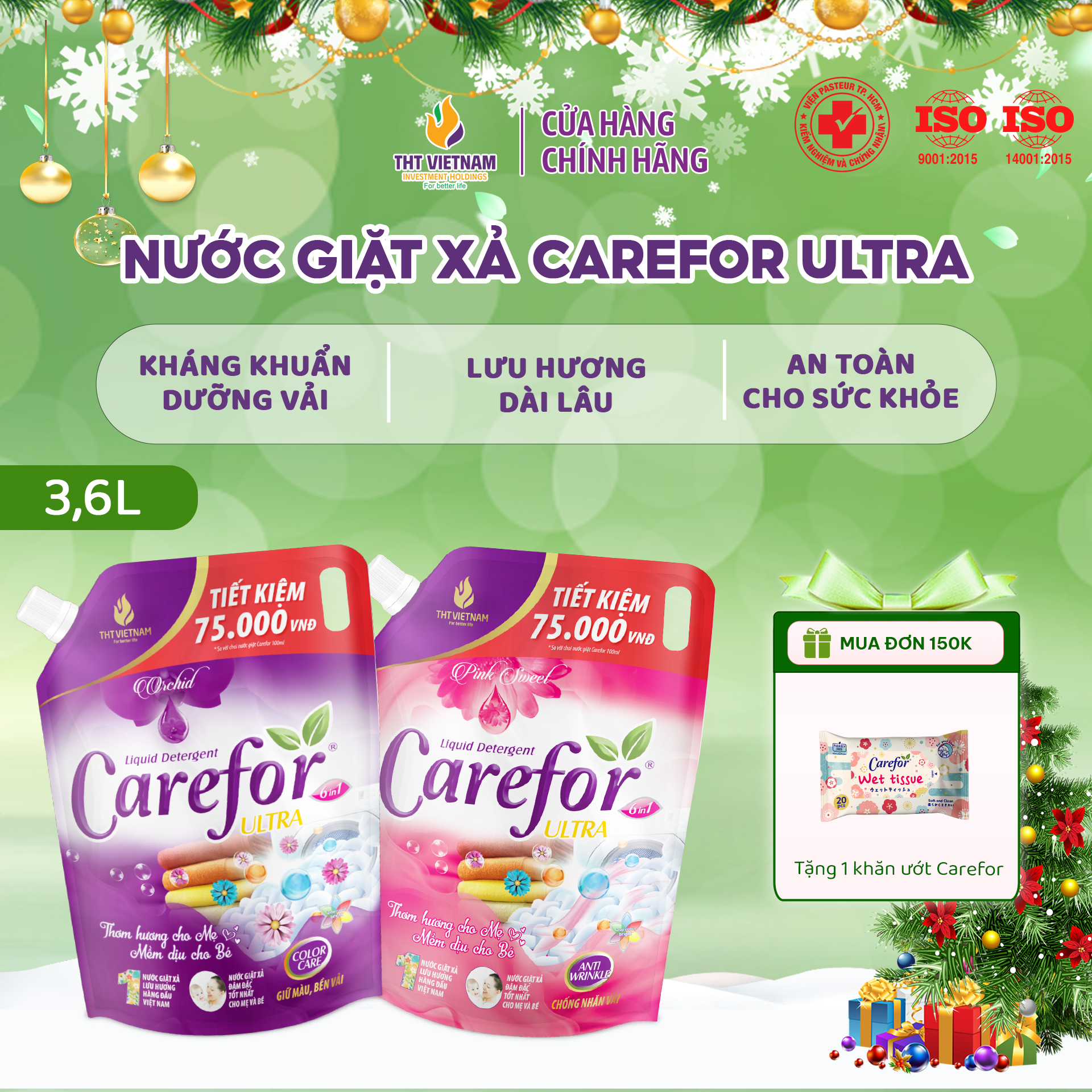   COMBO 2 TÚI TỔNG 7,2 LÍT  Túi nước giặt xả vải quần áo thơm lâu Carefor chính hãng 2 mùi hương 3,6 Lít Túi 