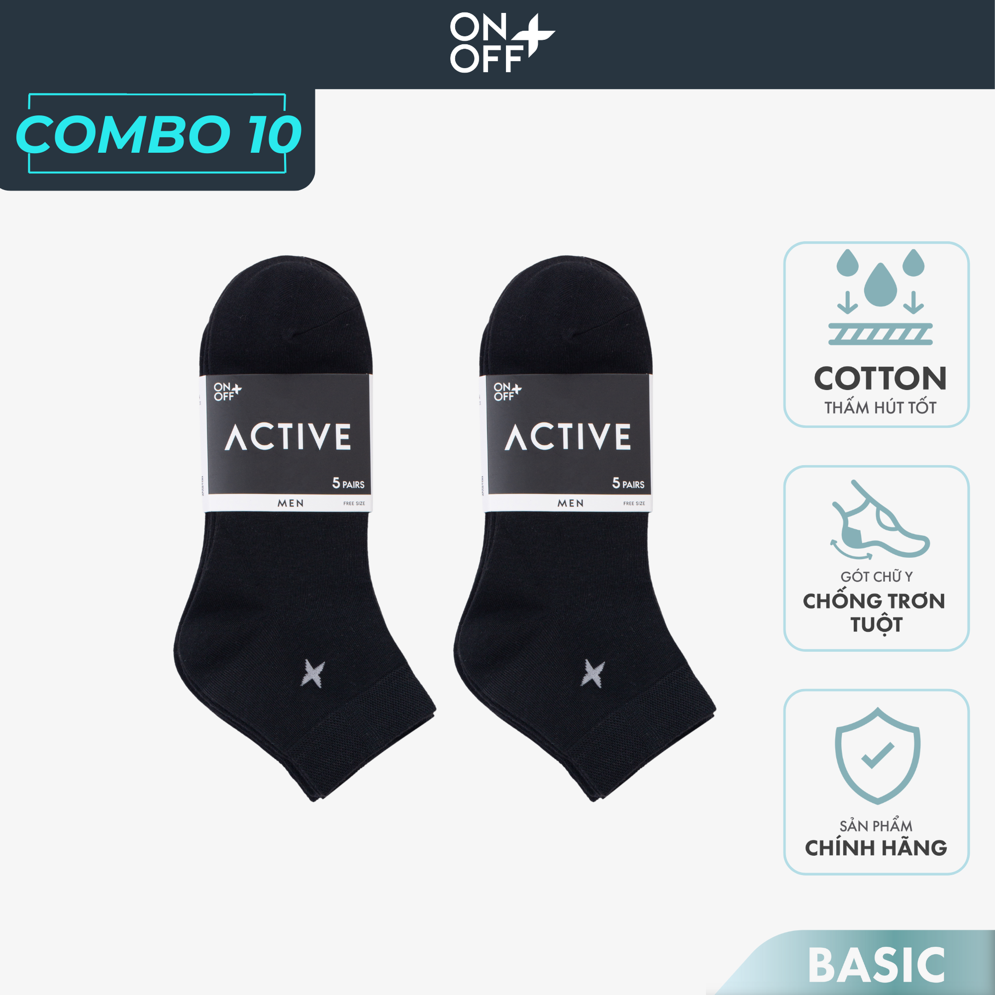 Combo 10 đôi tất vớ nam cotton ONOFF mỏng mùa hè thoáng khí Bacis 18AP23A005-18AE23A004