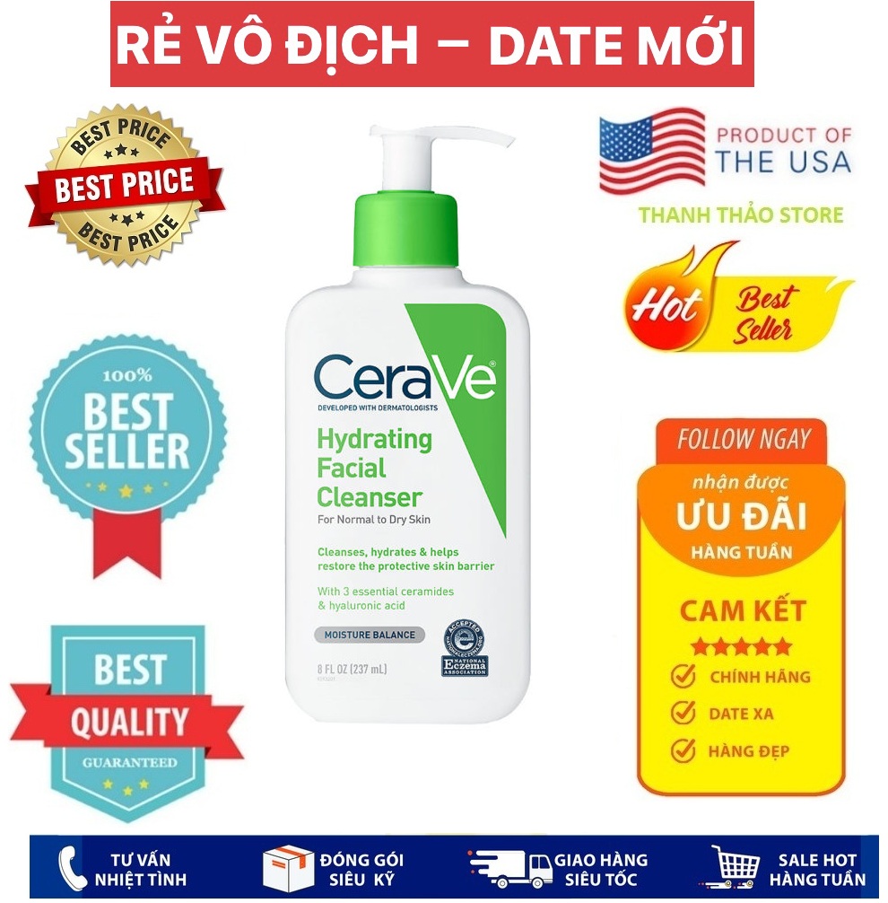 Sữa rửa mặt Cerave Hydrating Facial Cleanser cho da thường đến da khô 237ml