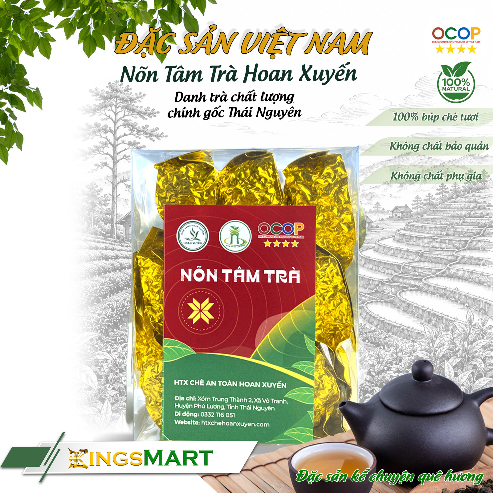 [Danh Trà] Chè Nõn Thái Nguyên Cao Cấp -Thơm dịu, hậu ngọt sâu, chát nhẹ- Hoan Xuyến- Hộp 100g/9 gói nhỏ- Kingmart
