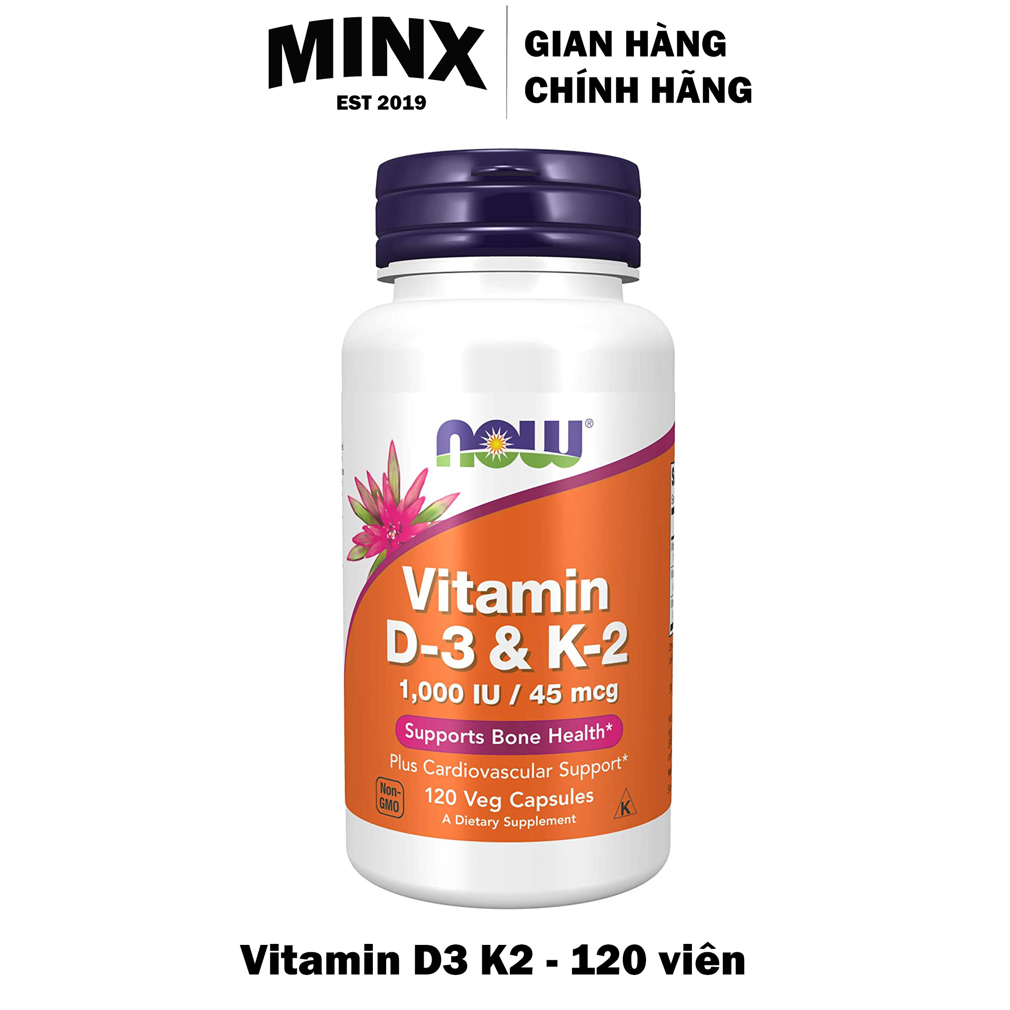 Vitamin D3 K2 1000IU 45mcg Now - Viên bổ sung Now Vitamin D3K2 120 viên - Hỗ trợ xương khớp Tăng cường đề kháng - MINX Store