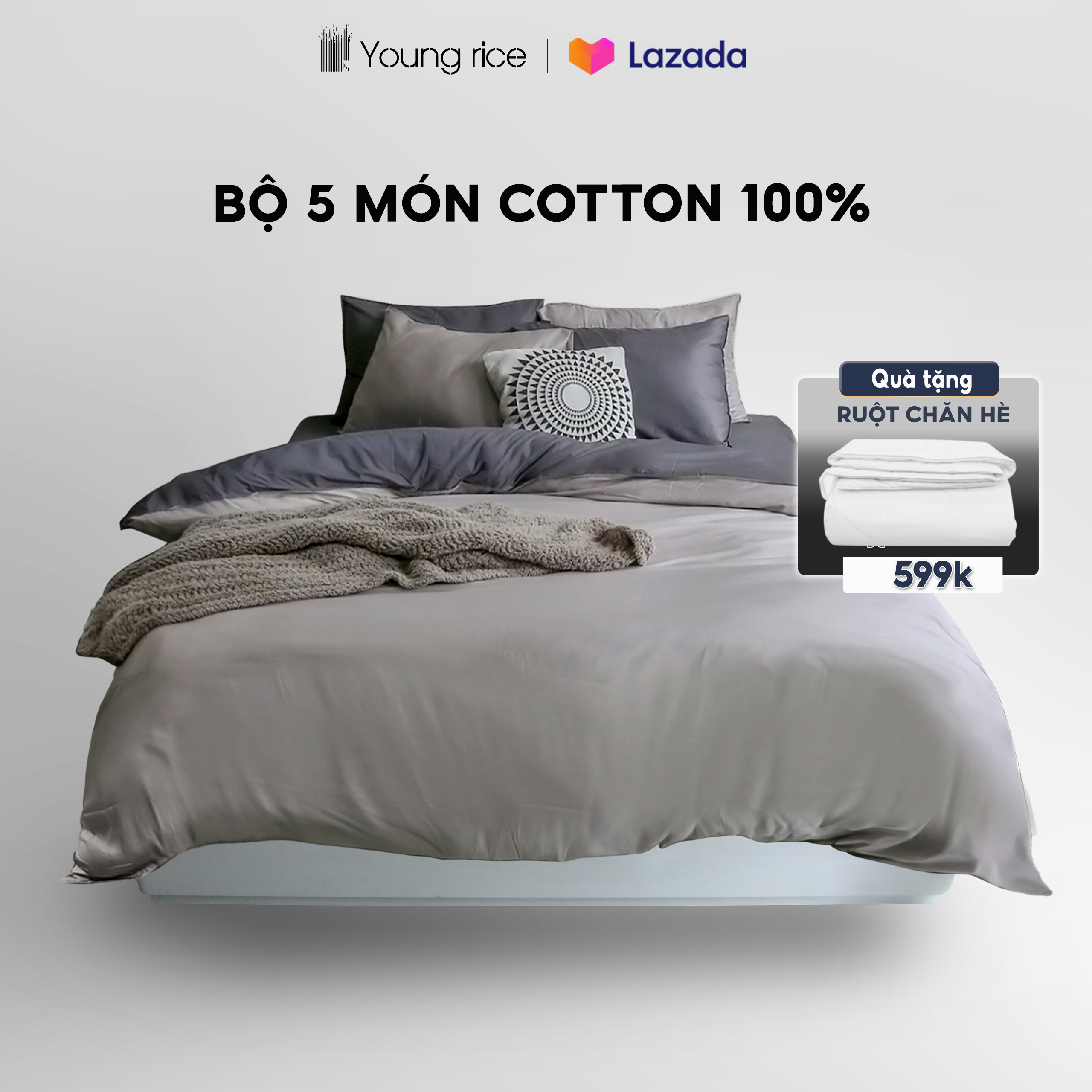 Bộ Chăn Ga Gối Đệm 5 món Cotton trơn phối màu cao cấp YOUNGRICE Bộ Vỏ Chăn Drap Ga Ra Gối Nệm Đệm Phủ Trải Giường Dùng làm Quà cưới Quà tân gia nhiều kích thước 1m6x2m 1m8x2m chuẩn khách sạn