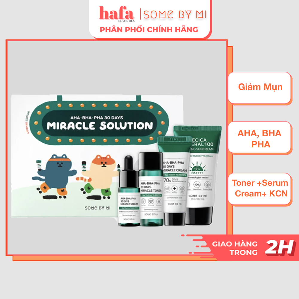 Bộ Kit 4 Món Dưỡng Da, Giảm Mụn, Mụn Ẩn Some By Mi AHA - BHA - PHA 30 Days Miracle Solution 4- Step Kit ( Toner + Serum + Cream + Sun Cream) _ Kem Chống Nắng Some By Mi Truecica Mini