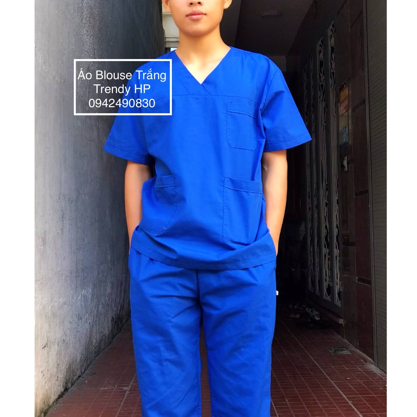 Bộ quần áo blouse cổ tim cộc tay Nam màu xanh đoàn (có lẻ áo/quần blouse)