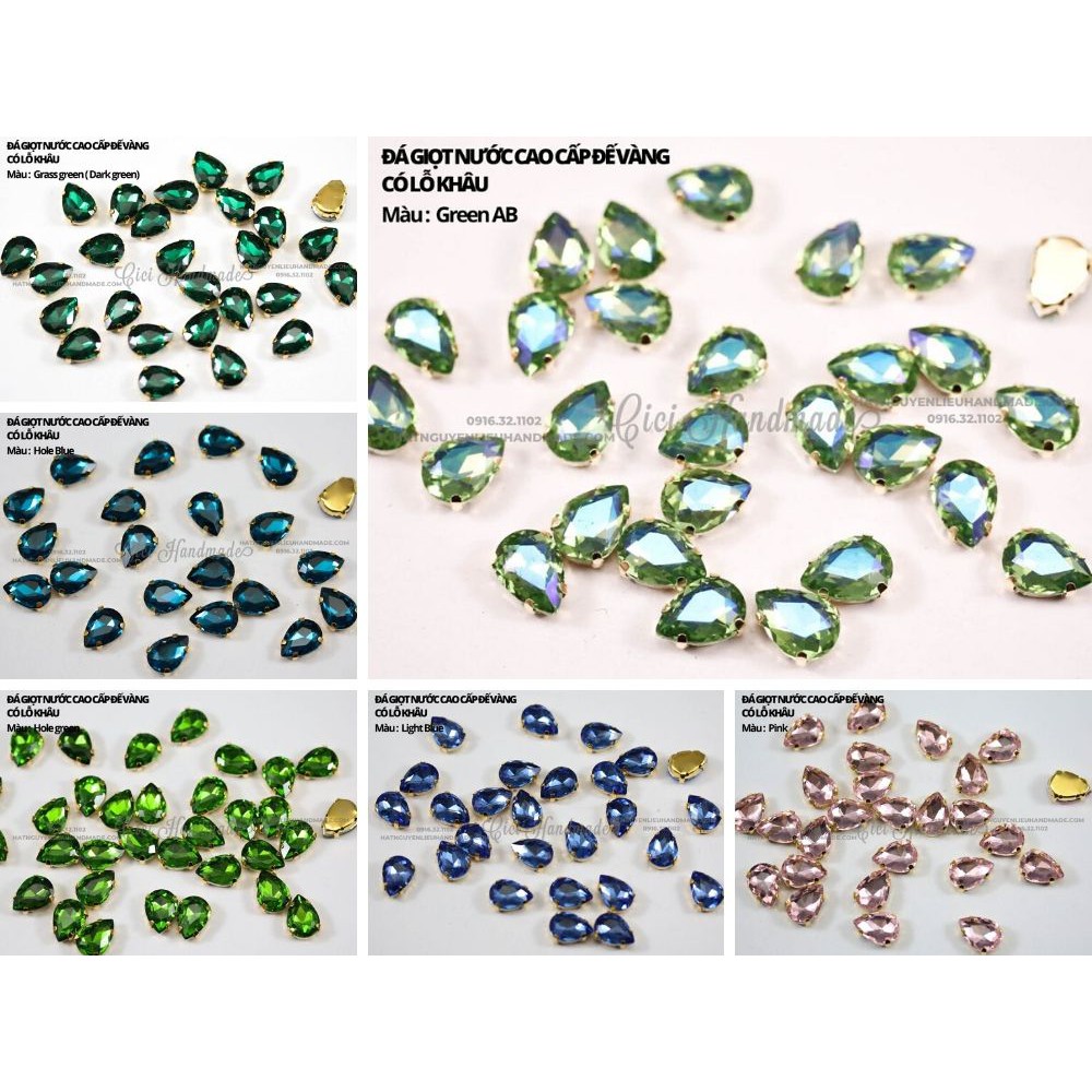 Set 10 hạt đá giọt nước đế vàng có lỗ khâu link 2/3 Cici Handmade chuyên hạt đá hạt pha lê hạt cườm hạt trang sức tự làm